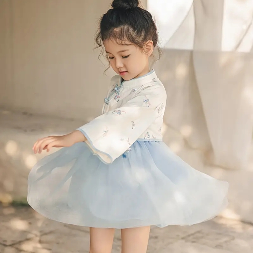Chinese Hanfu Qipao Floral Dress with Blue Skirt